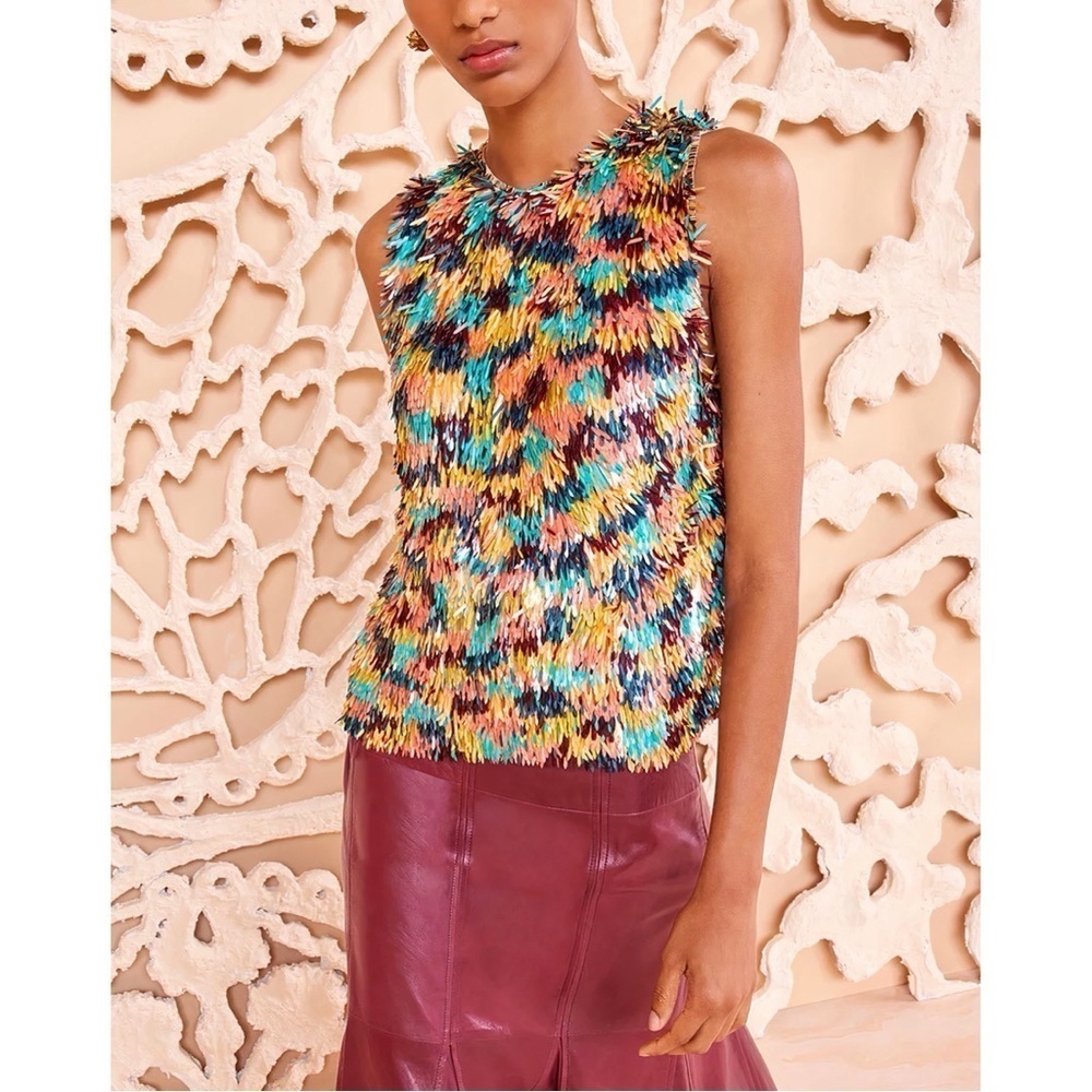 NWT Ulla Johnson Silk Sleeveless Rainbow Fringe Beatriz Embellished Top